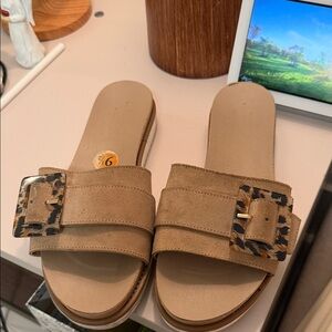 Tan Suede Slide Mules with Tortoiseshell Buckle